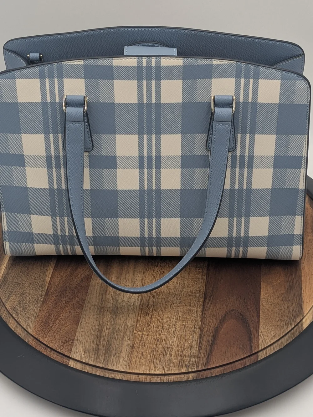 Kate Spade New York Blue Plaid Saffiano Leather Satchel Crossbody Bag